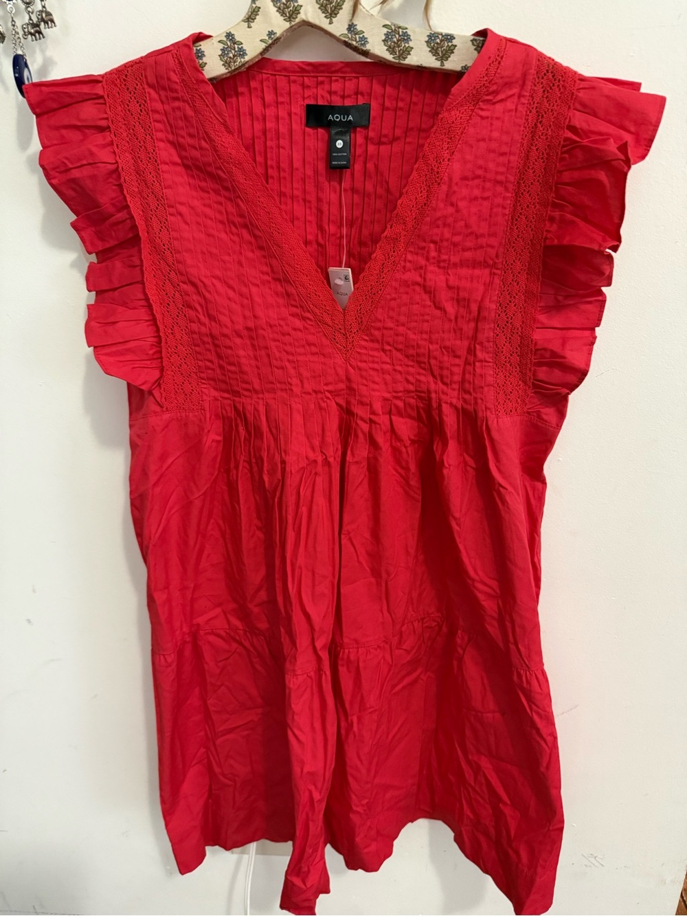 AQUA Raspberry Pintuck Ruffle Dress - Red Cotton Tiered - XS NWT $118